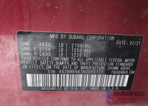 2022 Subaru Legacy Limited z USA, uszkodzony, nr VIN 4S3BWAN67N3005177